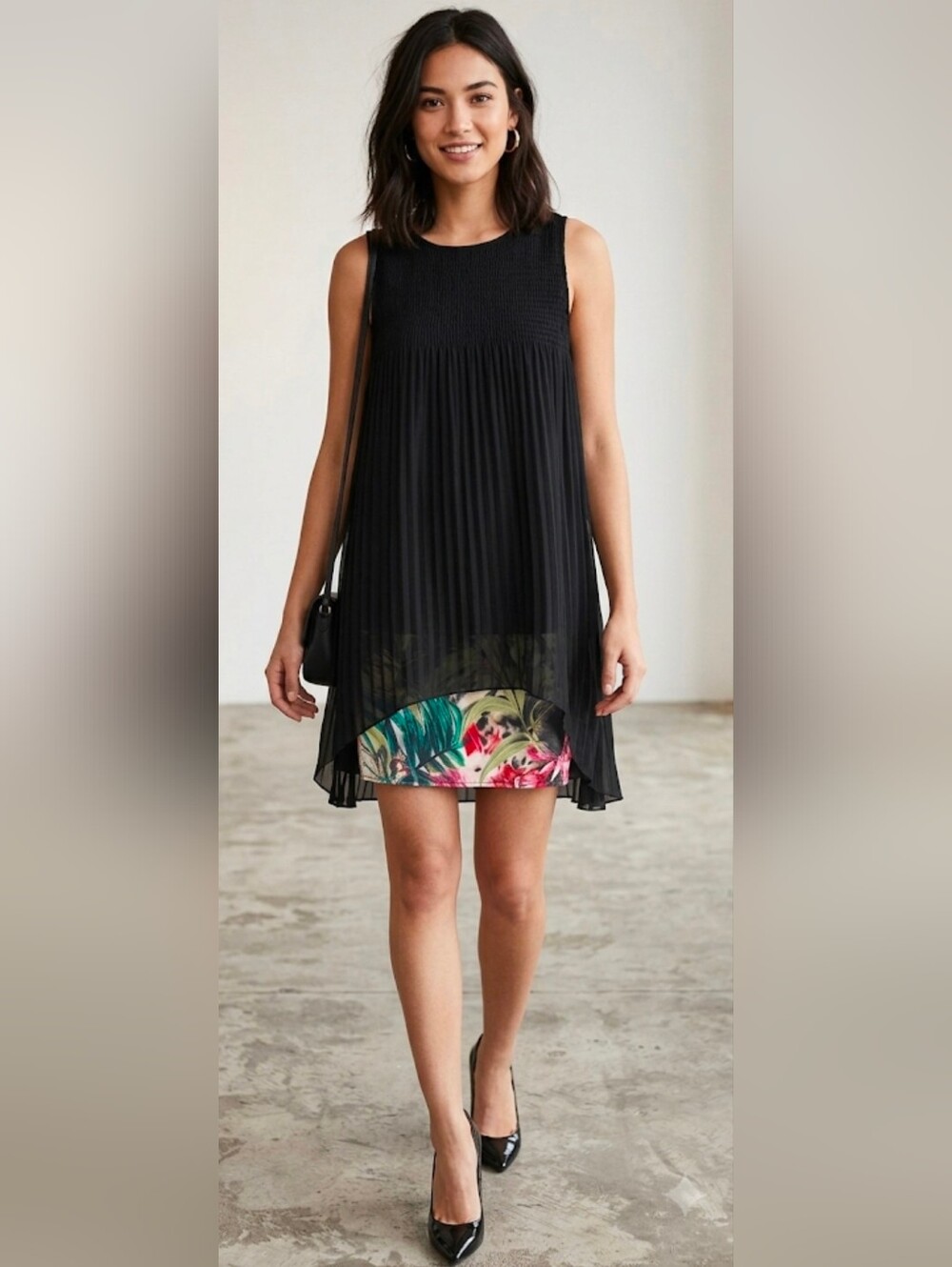 Desigual Sleeveless Plissé Shift Dress  Tropical Print Underlayer EU 36 Small